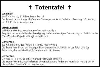 Anzeige von Totentafel vom 08.01.2015 von MGO