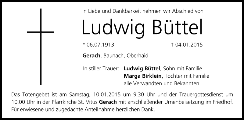 Traueranzeige für Ludwig Büttel vom 08.01.2015 aus MGO
