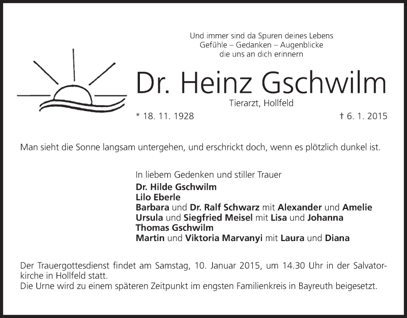  Traueranzeige für Heinz Gschwilm vom 08.01.2015 aus MGO