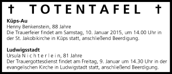 Anzeige von Totentafel vom 09.01.2015 von MGO