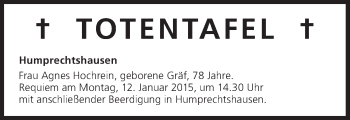 Anzeige von Totentafel vom 10.01.2015 von MGO
