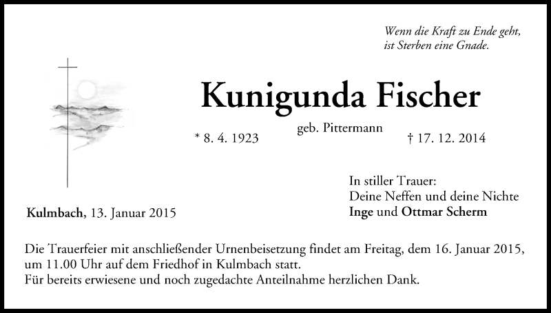  Traueranzeige für Kunigunda Fischer vom 13.01.2015 aus MGO