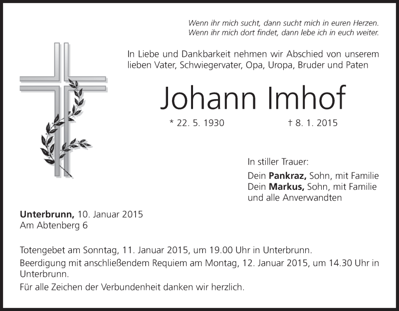  Traueranzeige für Johann Imhof vom 10.01.2015 aus MGO