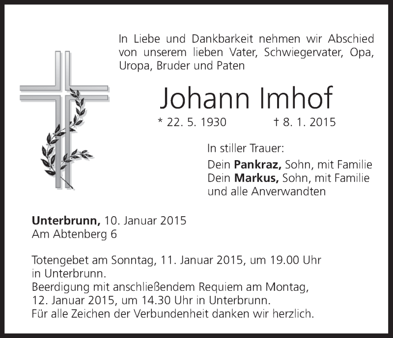  Traueranzeige für Johann Imhof vom 10.01.2015 aus MGO
