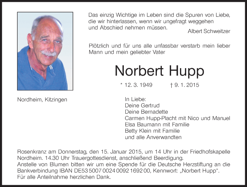  Traueranzeige für Norbert Hupp vom 13.01.2015 aus MGO