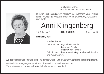 Anzeige von Anni Klingenberg von MGO