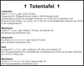 Anzeige von Totentafel vom 13.01.2015 von MGO