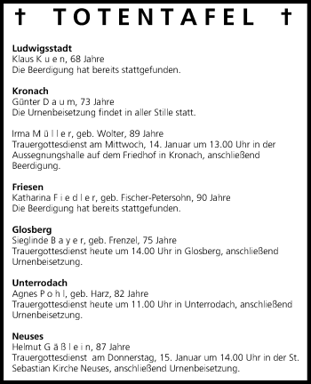 Anzeige von Totentafel vom 13.01.2015 von MGO