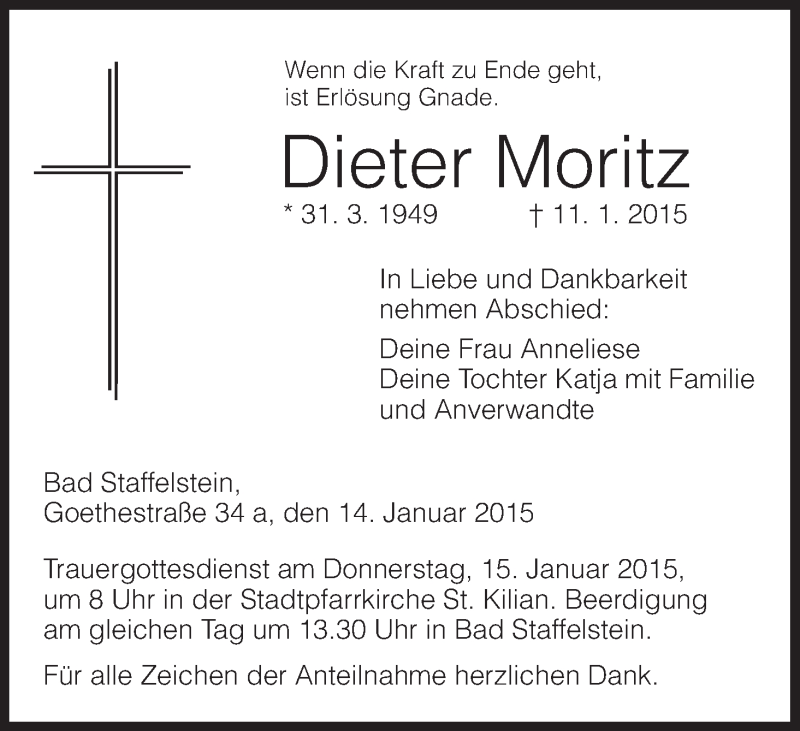  Traueranzeige für Dieter Moritz vom 14.01.2015 aus MGO