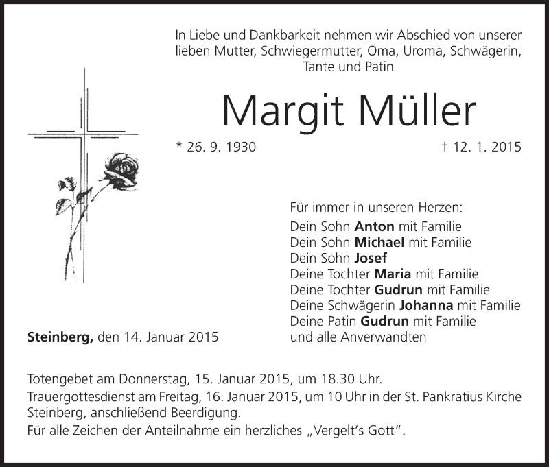  Traueranzeige für Margit Müller vom 14.01.2015 aus MGO