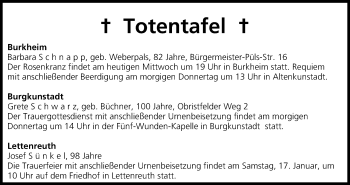 Anzeige von Totentafel vom 14.01.2015 von MGO