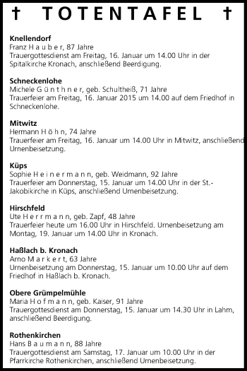 Anzeige von Totentafel vom 14.01.2015 von MGO