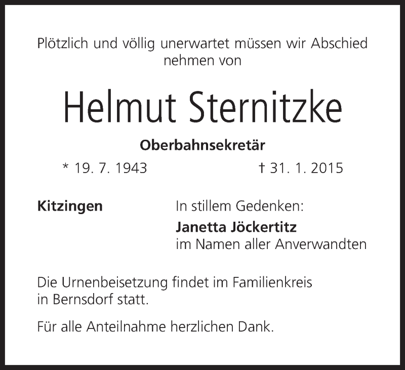  Traueranzeige für Helmut Sternitzke vom 07.02.2015 aus MGO