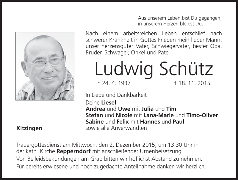  Traueranzeige für Ludwig Schütz vom 28.11.2015 aus MGO