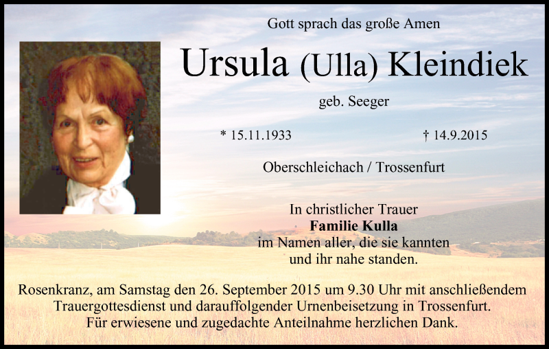  Traueranzeige für Ursula Kleindiek vom 23.09.2015 aus MGO