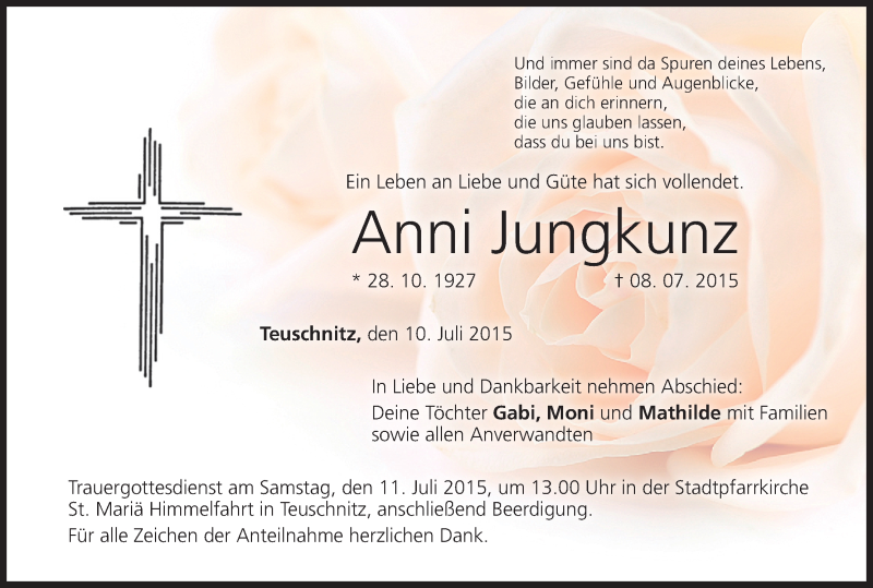  Traueranzeige für Anni Jungkunz vom 10.07.2015 aus MGO