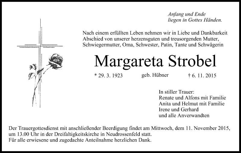  Traueranzeige für Margareta Strobel vom 10.11.2015 aus MGO
