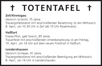 Anzeige von Totentafel vom 07.04.2015 von MGO