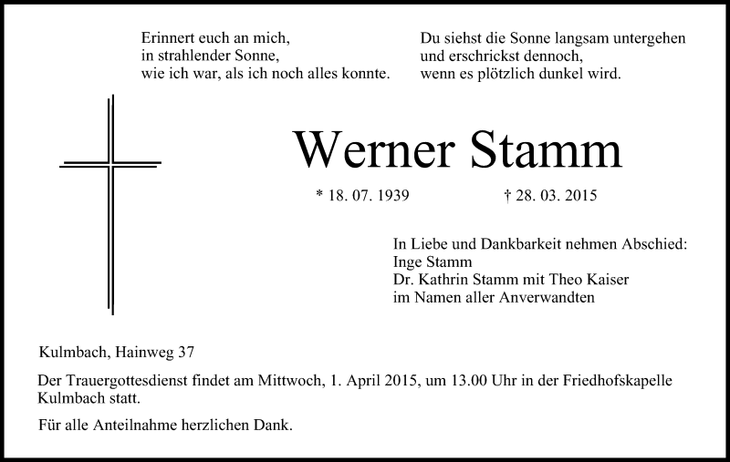  Traueranzeige für Werner Stamm vom 30.03.2015 aus MGO