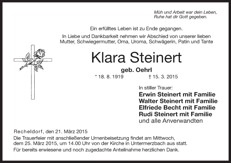 Traueranzeige für Klara Steinert vom 21.03.2015 aus MGO