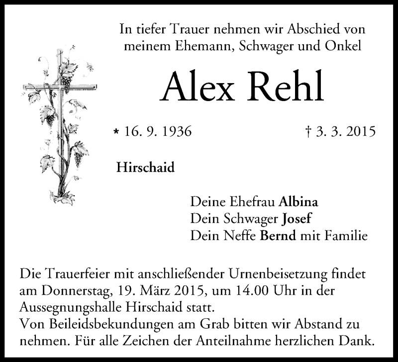  Traueranzeige für Alex Rehl vom 14.03.2015 aus MGO