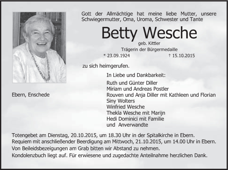  Traueranzeige für Betty Wesche vom 19.10.2015 aus MGO