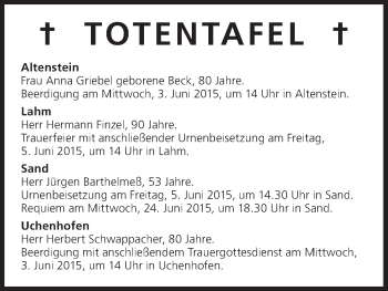 Anzeige von Totentafel vom 03.06.2015 von MGO