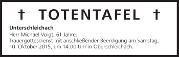 Anzeige von Totentafel vom 08.10.2015 von MGO
