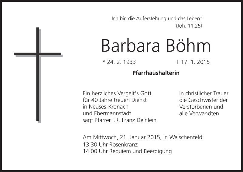  Traueranzeige für Barbara Böhm vom 19.01.2015 aus MGO