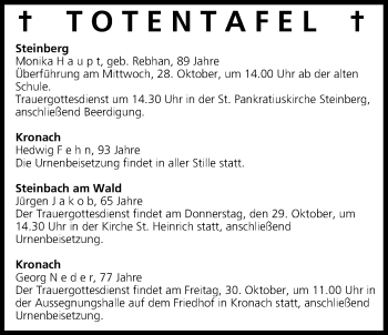 Anzeige von Totentafel vom 28.10.2015 von MGO