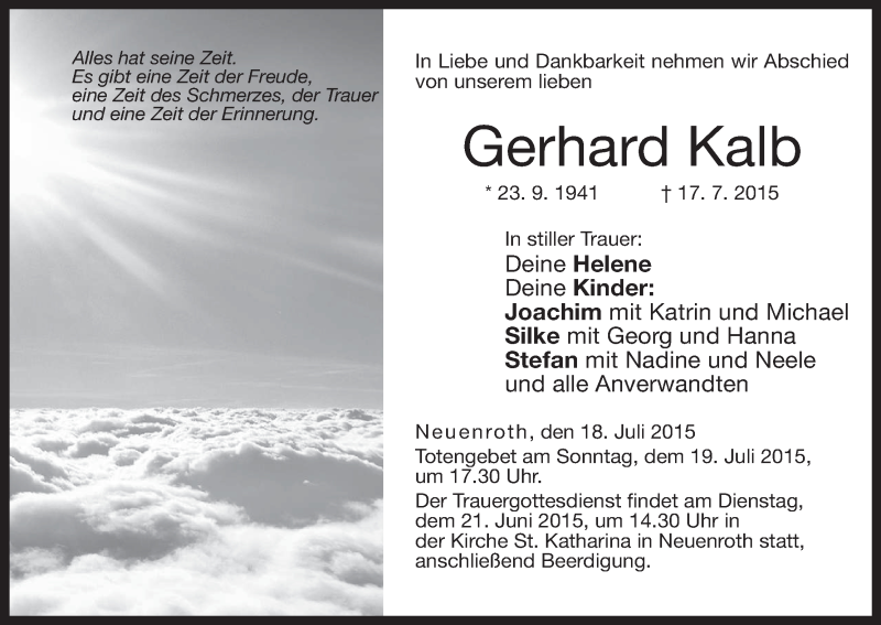  Traueranzeige für Gerhard Kalb vom 18.07.2015 aus MGO