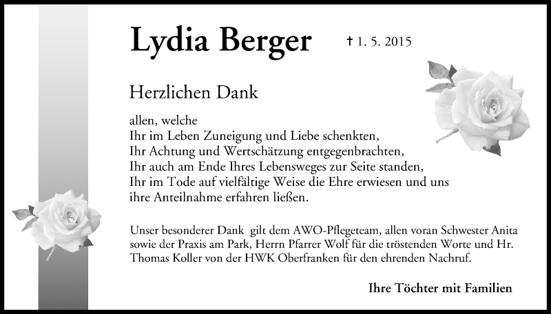  Traueranzeige für Lydia Berger vom 14.05.2015 aus MGO