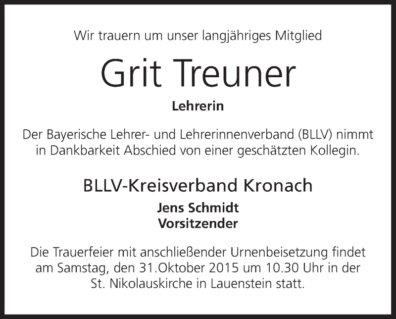  Traueranzeige für Grit Treuner vom 30.10.2015 aus MGO
