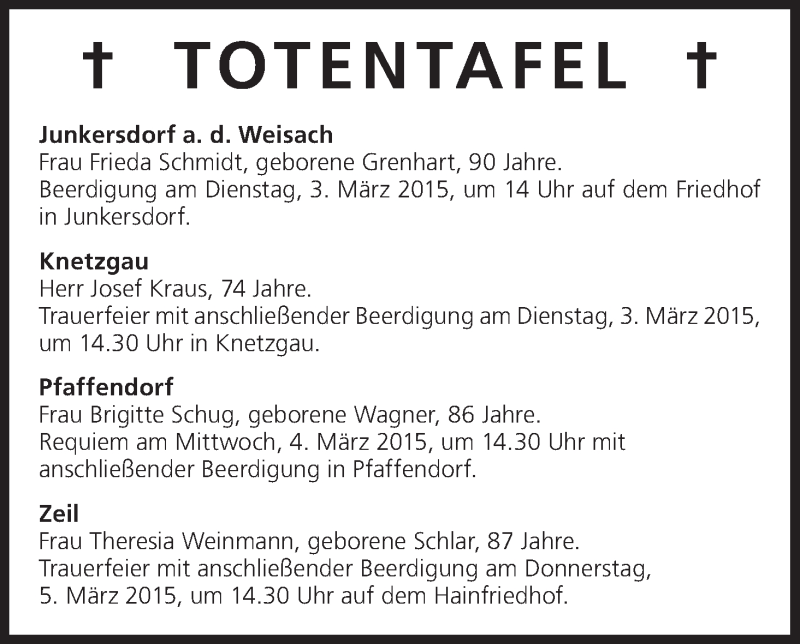  Traueranzeige für Totentafel vom 03.03.2015 vom 03.03.2015 aus MGO