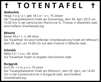 Anzeige von Totentafel vom 28.04.2015 von MGO