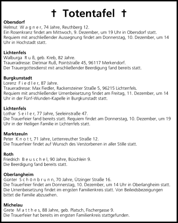 Anzeige von Totentafel vom 09.12.2015 von MGO