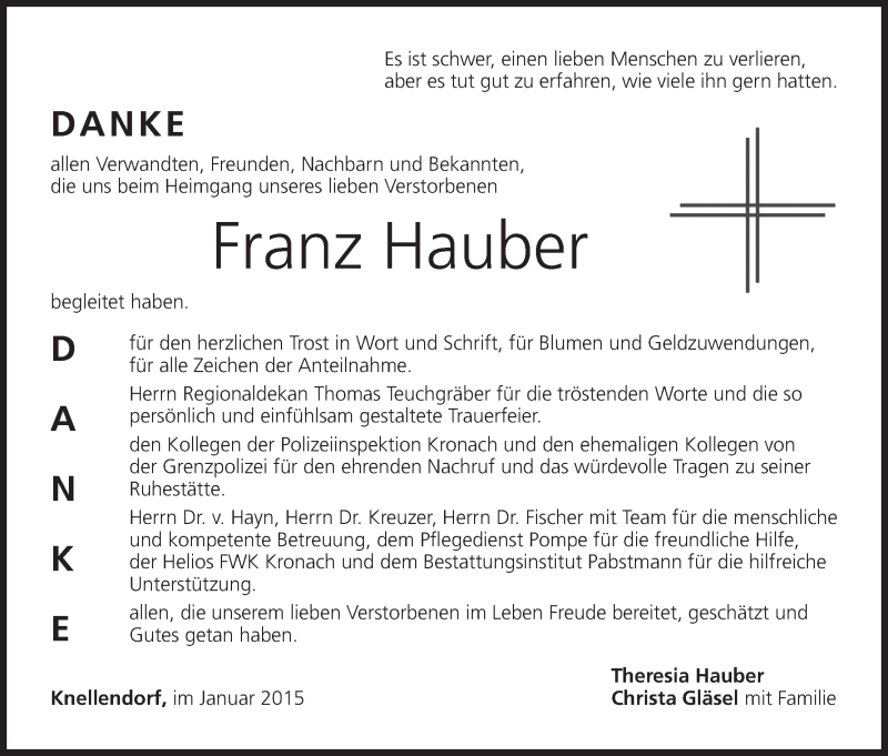  Traueranzeige für Franz Hauber vom 24.01.2015 aus MGO