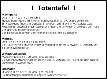 Anzeige von Totentafel vom 06.10.2015 von MGO
