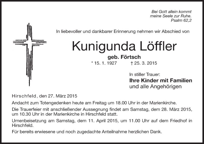  Traueranzeige für Kunigunda Löffler vom 27.03.2015 aus MGO