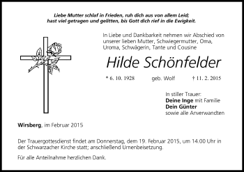 Anzeige von Hilde Schönfelder von MGO