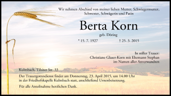 Anzeige von Berta Korn von MGO