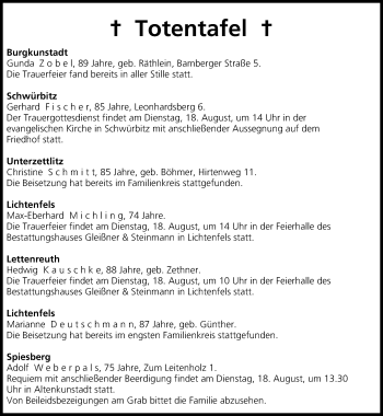 Anzeige von Totentafel vom 18.08.2015 von MGO