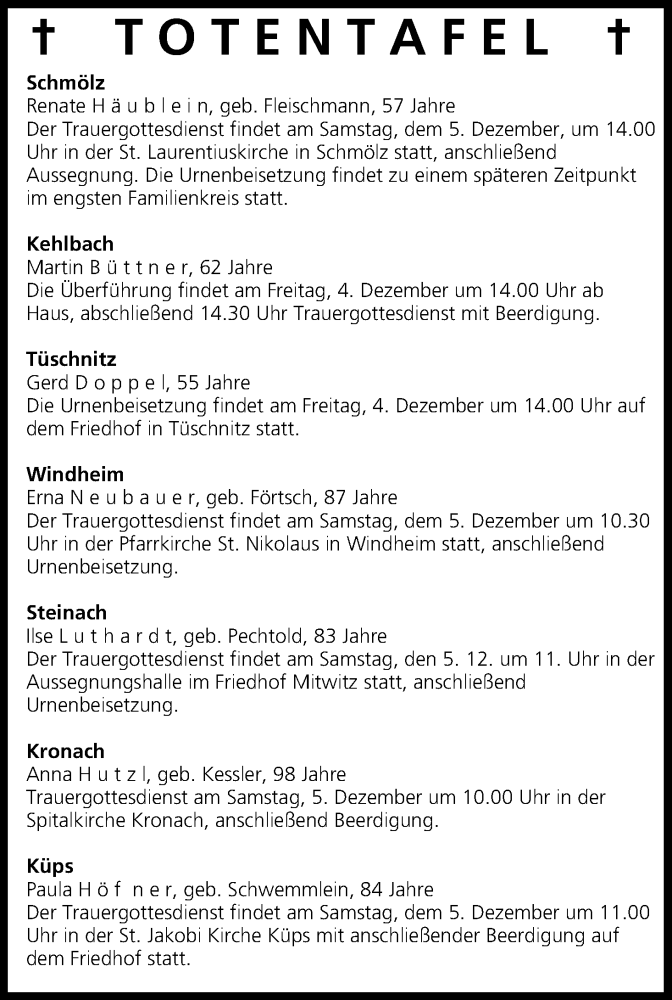  Traueranzeige für Totentafel vom 04.12.2015 vom 04.12.2015 aus MGO