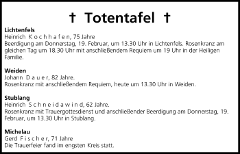 Anzeige von Totentafel vom 17.02.2015 von MGO