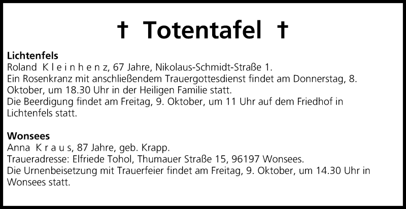  Traueranzeige für Totentafel vom 08.10.2015 vom 08.10.2015 aus MGO