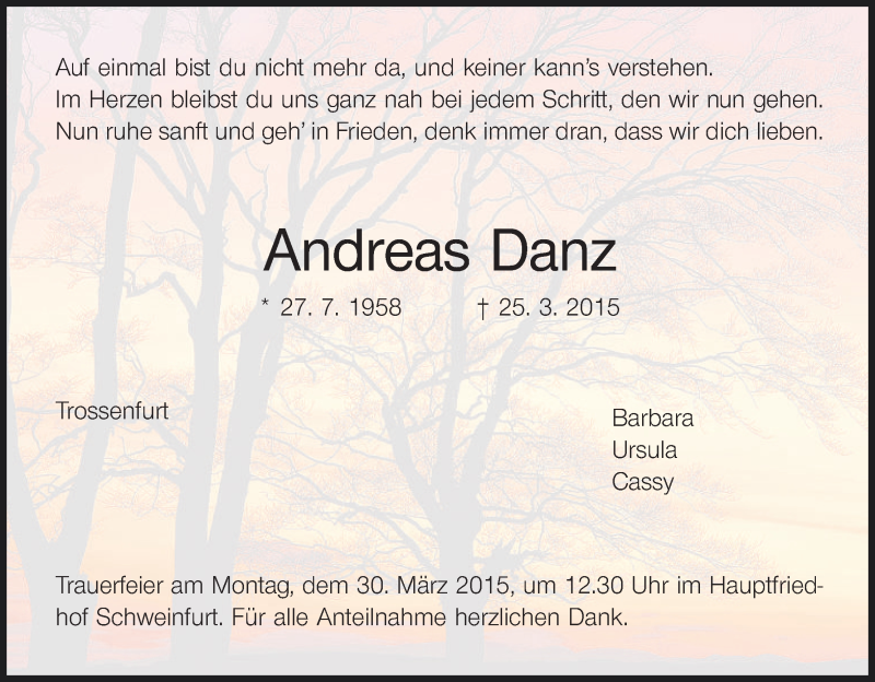  Traueranzeige für Andreas Danz vom 28.03.2015 aus MGO