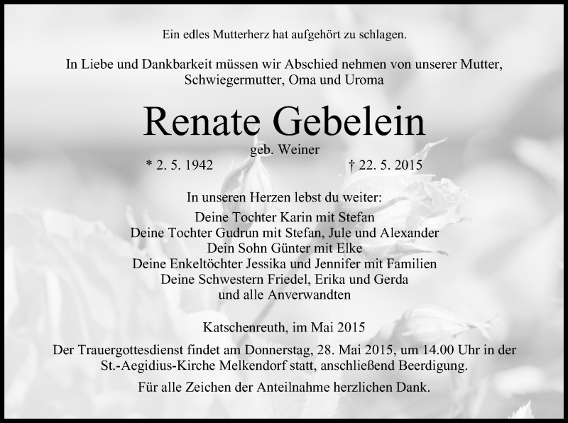  Traueranzeige für Renate Gebelein vom 26.05.2015 aus MGO