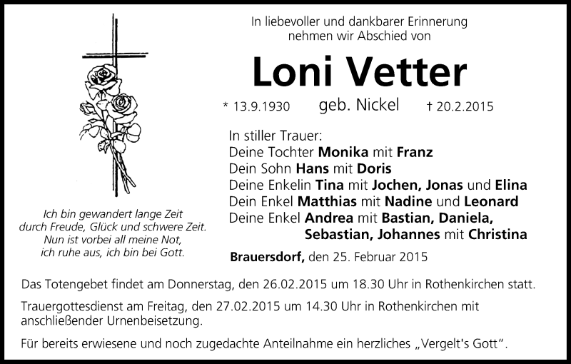  Traueranzeige für Loni Vetter vom 25.02.2015 aus MGO