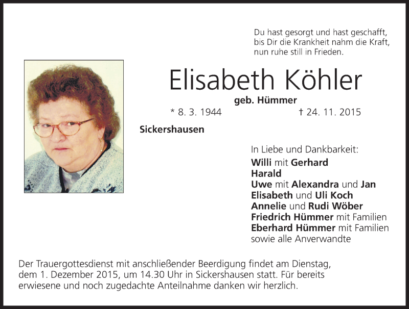  Traueranzeige für Elisabeth Köhler vom 28.11.2015 aus MGO