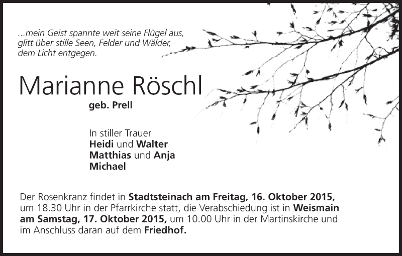  Traueranzeige für Marianne Röschl vom 15.10.2015 aus MGO